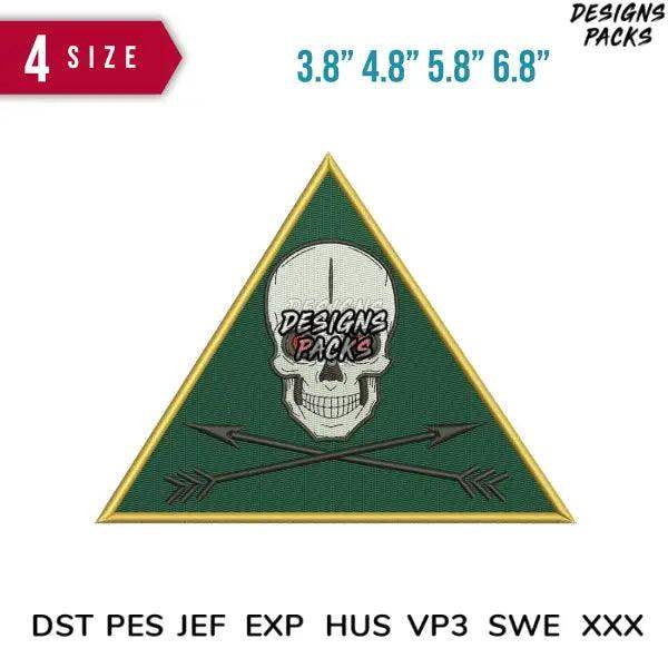 Skull and crossed arrows embroidery design in green triangle patch, 4 sizes, DST PES formats