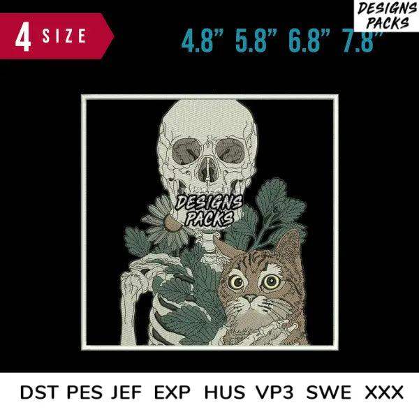 Skull With Cat Embroidery Design 4.8" 5.8" 6.8" 7.8"