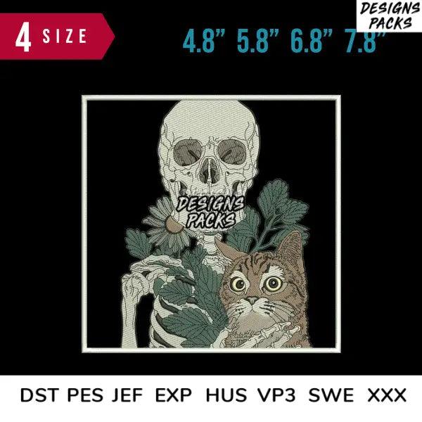 Skull With Cat Embroidery Design 4.8" 5.8" 6.8" 7.8"