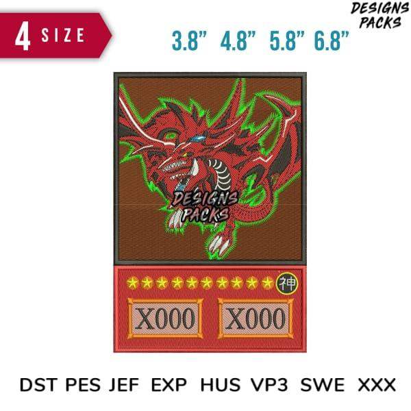 Red dragon embroidery design with green outlines, available in 4 sizes, compatible with DST PES JEF formats