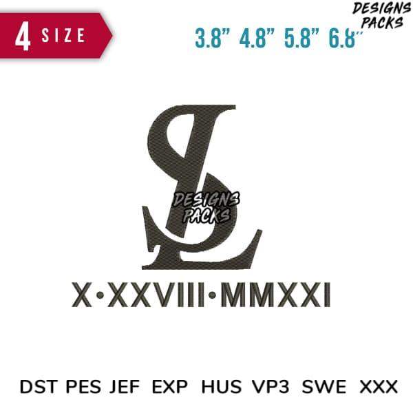 Stylized monogram embroidery design with Roman numerals, available in 4 sizes and multiple formats like DST, PES, JEF.