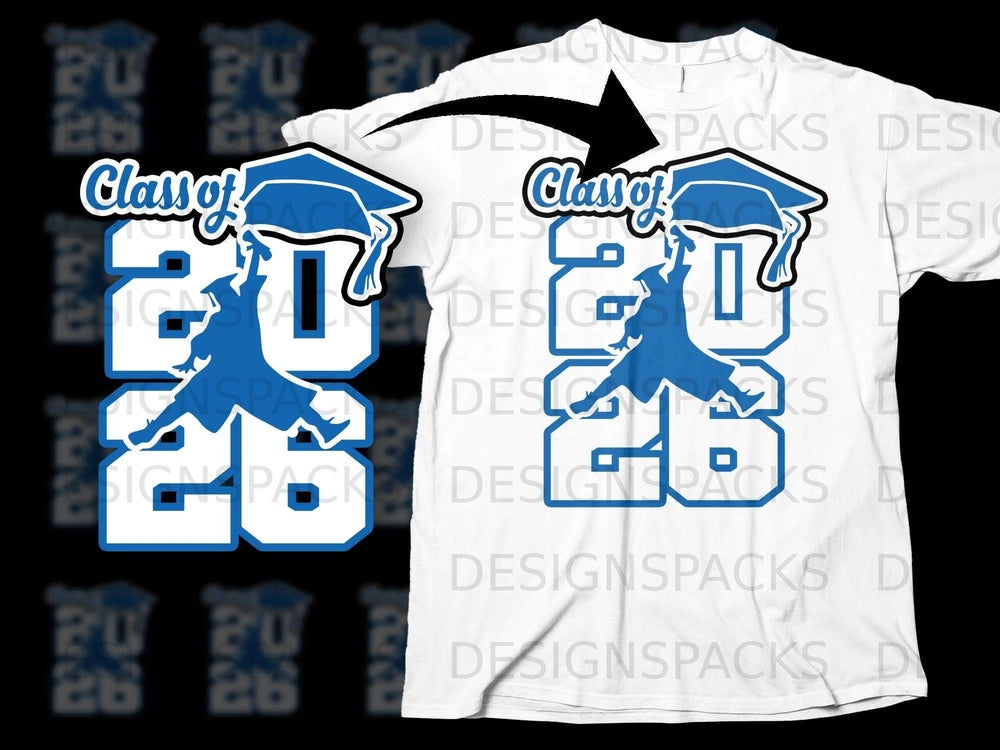 Blue "Class of 2026" text with graduation cap and figure on white t-shirt.