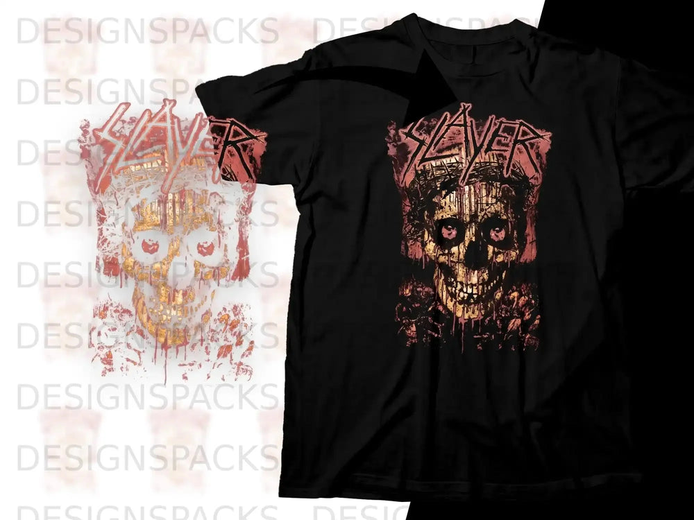 Black t-shirt with a Slayer logo and a skull graphic.