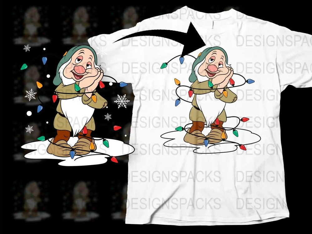Festive Dwarf Graphic T-Shirt, Colorful Christmas Lights, Snowflakes, Holiday Apparel for All Ages