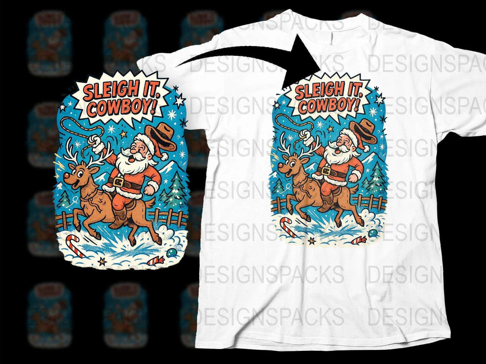 Sleigh It Cowboy Santa Christmas T-Shirt, Festive Holiday Tee, Western Santa Claus Reindeer Design, Winter Apparel for Adults