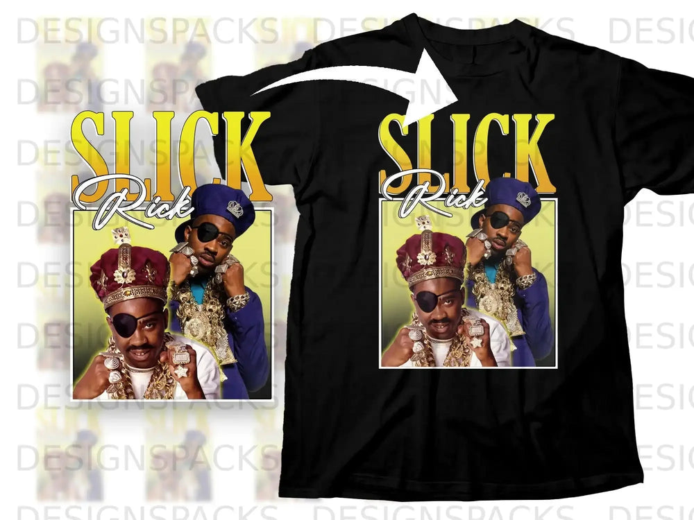 T-shirt featuring a graphic of Slick Rick with a crown and chains.