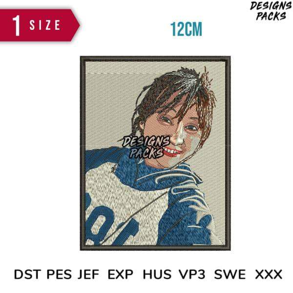 Embroidery design of a smiling person in a blue and white jersey, 12cm size, compatible with DST PES JEF formats.