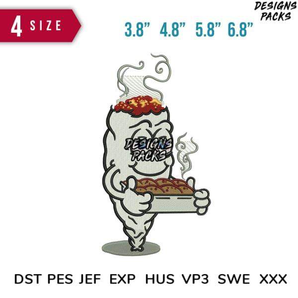 Embroidery design of a steaming pizza character in 4 sizes, compatible with DST PES JEF formats