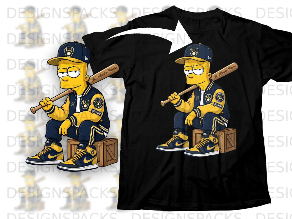 Bart Simpson in Milwaukee Brewers gear holding a baseball bat sits on a wooden crate.