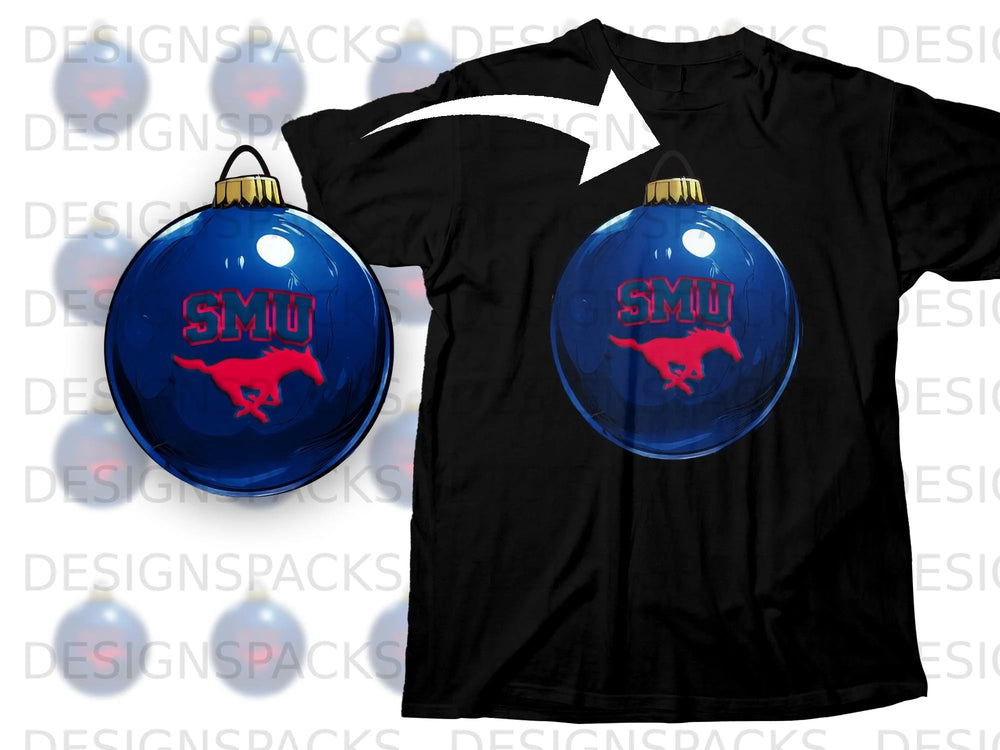Black t-shirt with SMU mustang logo on a blue Christmas ornament.