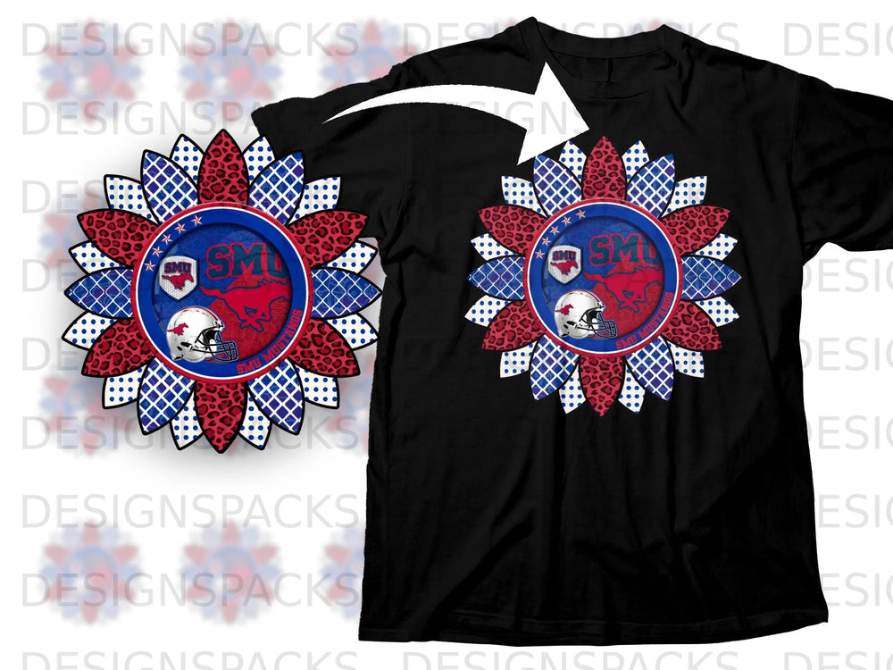 SMU Mustangs sunflower design with leopard print and checkered petals on black shirt.