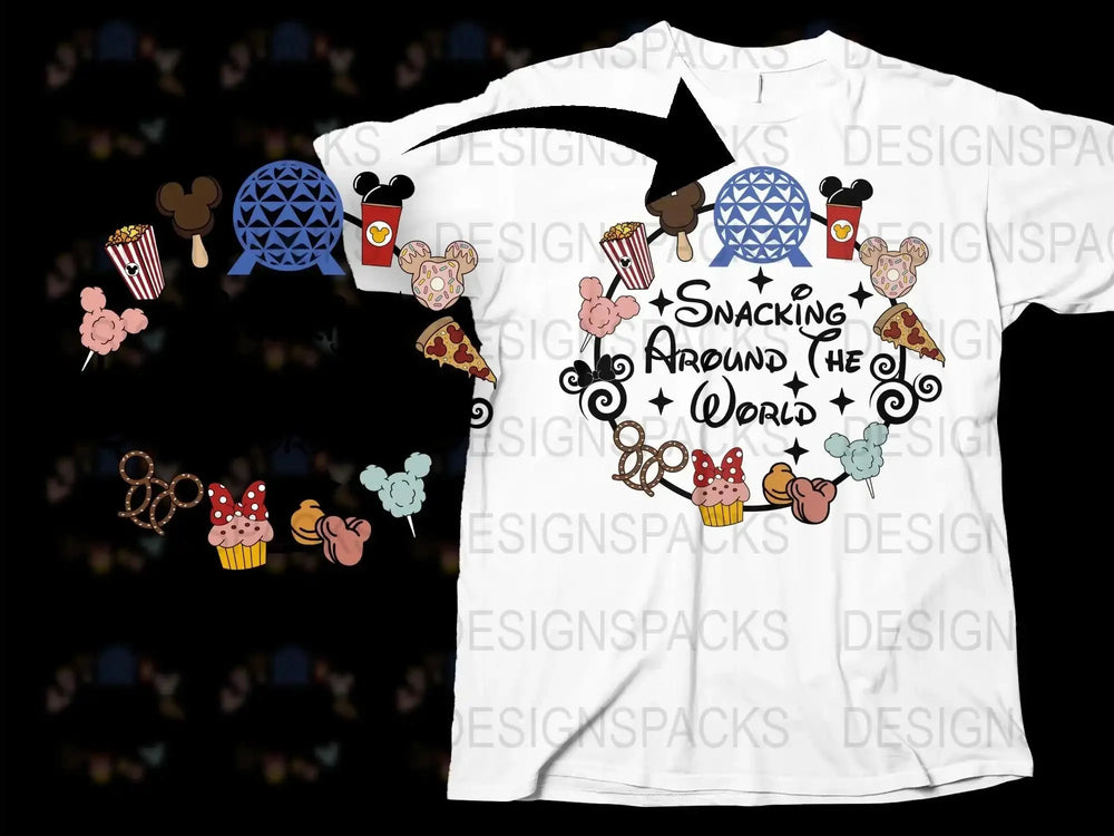 Snacking Around the World Disney Inspired T-Shirt, Cute Character Foods Tee, Theme Park Foodie Apparel, Unisex Adult and Kids Sizes