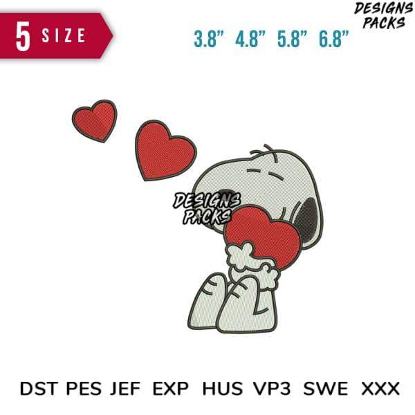 Snoopy holding red heart, embroidery design in 5 sizes, DST PES JEF formats for instant download