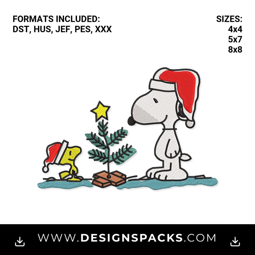 Snoopy and Woodstock Christmas Tree Embroidery Design - Instant digital download pattern at Designspacks.com