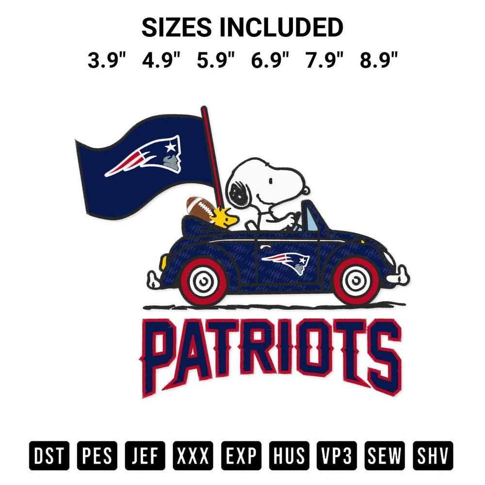 Snoopy And Woodstock Driving Car New England Patriots Embroidery Design