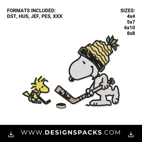 Snoopy and Woodstock Playing Hockey Embroidery Design - Instant digital download pattern at Designspacks.com