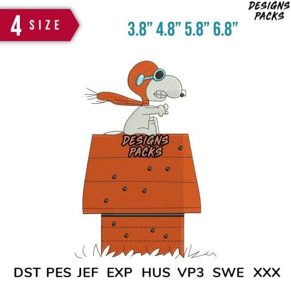 Snoopy in aviator goggles on doghouse, embroidery design with 4 sizes, DST PES JEF formats