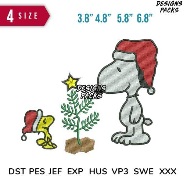 Snoopy & Woodstock in Santa hats beside Christmas tree, embroidery design in 4 sizes, DST PES JEF formats