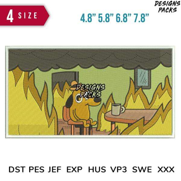 Cartoon dog at table with flames, embroidery design in DST PES formats, 4 sizes available