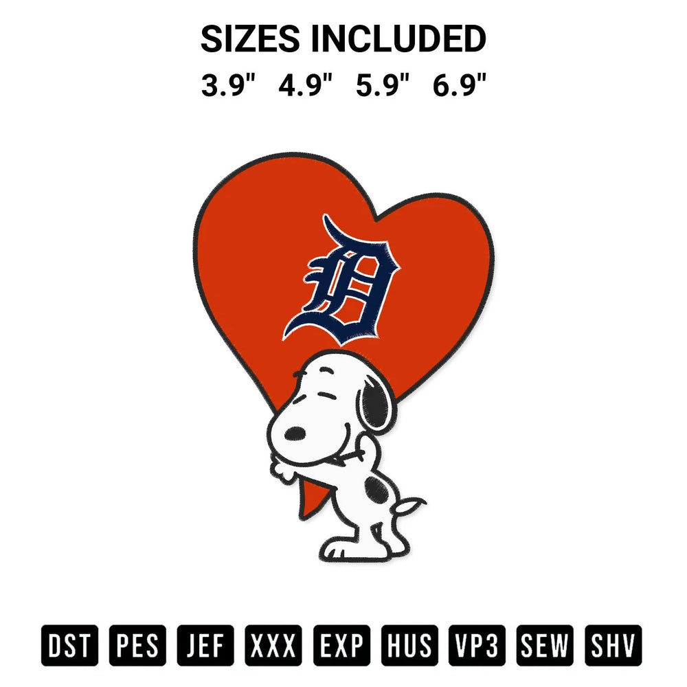 Snoopy Hugs Heart Detroit Tigers Embroidery Design