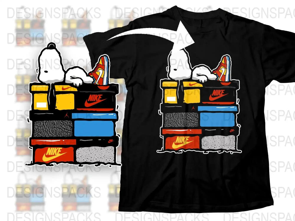 Snoopy Lounging on Nike Shoe Boxes Graphic Png Digital Download