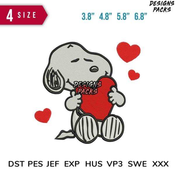 Snoopy holding red heart with embroidery designs in DST PES formats for instant download
