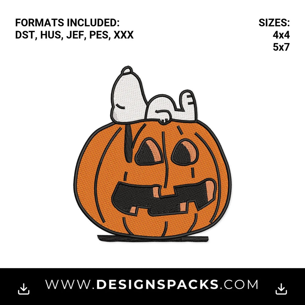 Snoopy Sleeping on Halloween Pumpkin Embroidery Design - Instant digital download pattern at Designspacks.com
