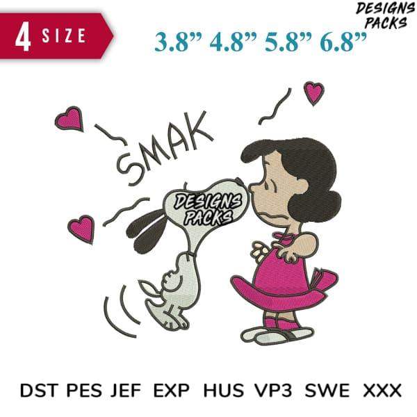 Snoopy kissing Lucy with hearts, embroidery design in 4 sizes, DST PES JEF formats