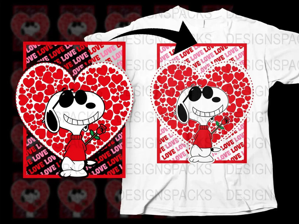 Snoopy with rose in heart design, perfect for Valentine's Day t-shirt print