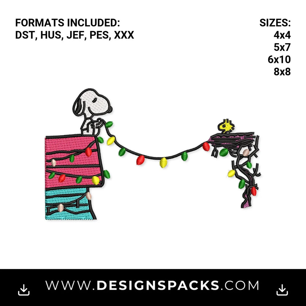 Snoopy & Woodstock Christmas Lights Embroidery Design - Instant digital download pattern at Designspacks.com