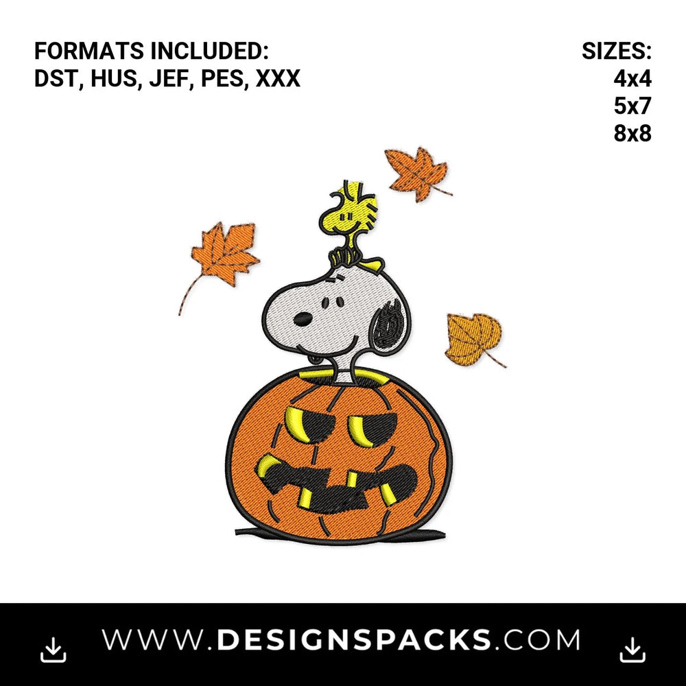 Snoopy & Woodstock Halloween Pumpkin Embroidery Design - Instant digital download pattern at Designspacks.com