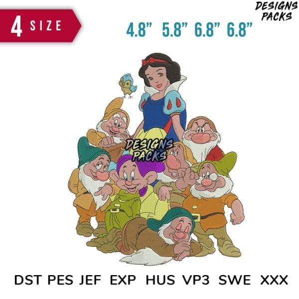 Snow White and Seven Dwarfs embroidery design in multiple sizes, compatible with DST, PES, JEF formats
