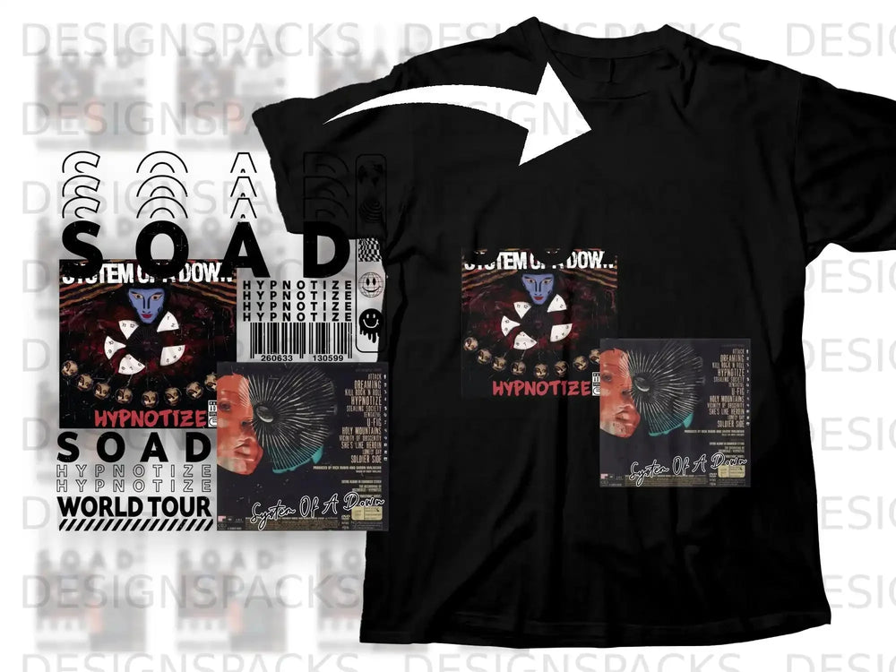 Black t-shirt with "System Of A Down" album art featuring "Hypnotize" tracklist.