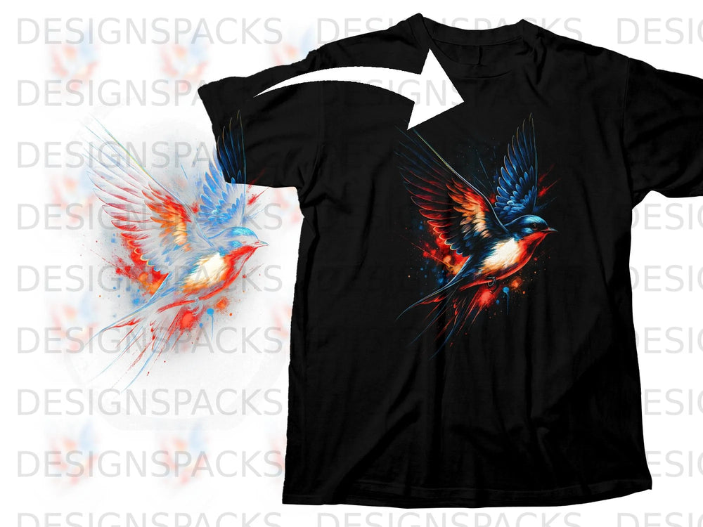 Black t-shirt featuring a colorful watercolor bird design with red, blue, and white accents.