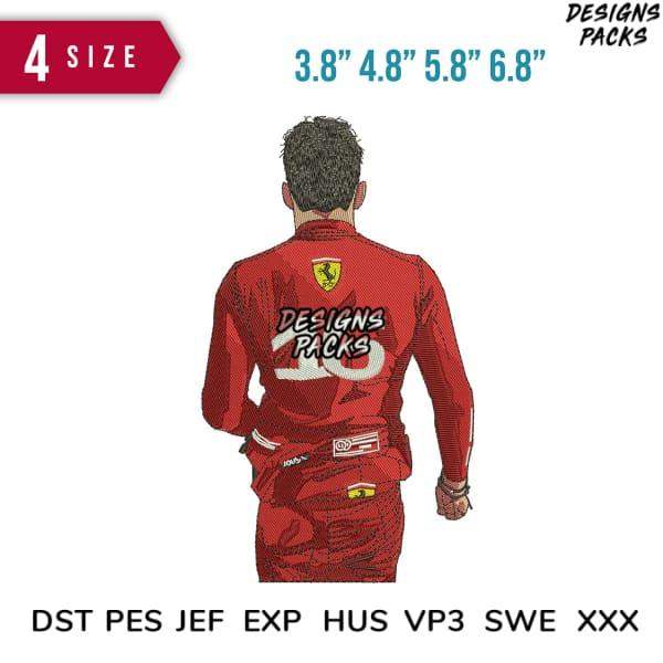 Racer in red suit with Ferrari logo, embroidery design in DST PES formats, 4 sizes available