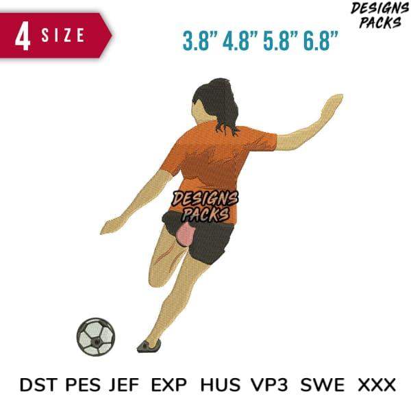 Female soccer player embroidery design in 4 sizes, compatible with DST PES JEF formats for instant download