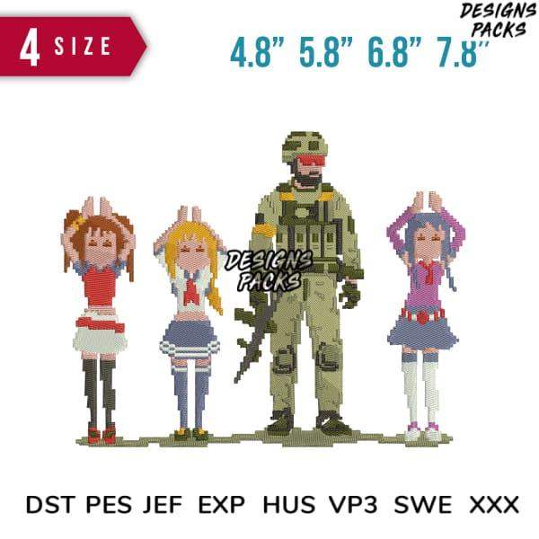 Pixel art characters in 4 sizes for embroidery designs, compatible with DST PES JEF formats
