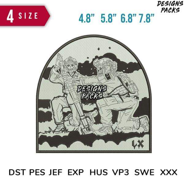 Embroidery design featuring two skeleton soldiers in combat, available in multiple sizes and file formats.