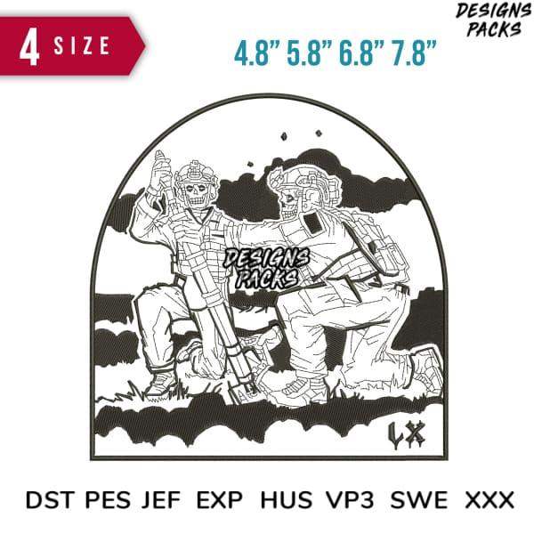Military skeleton design for embroidery, 4 sizes, DTF/DTG, PES/DST formats, print-ready
