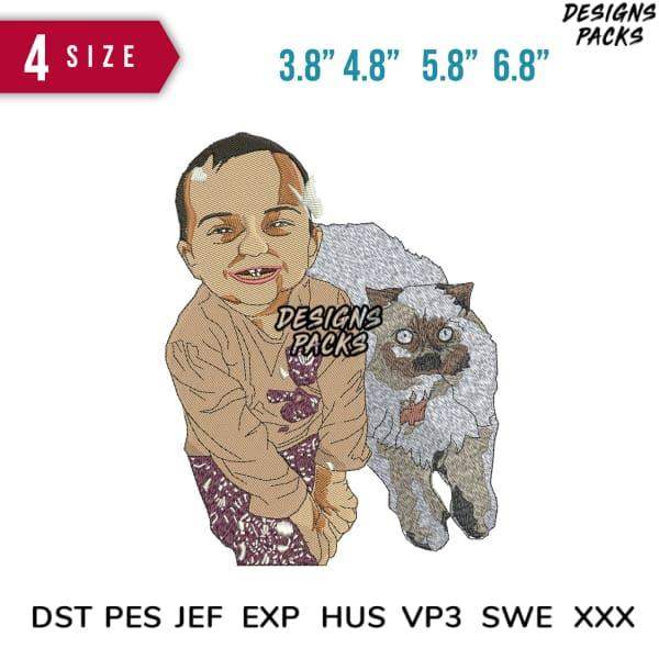 Embroidery design of smiling child with fluffy cat, available in 4 sizes & multiple formats (DST, PES, JEF, EXP, HUS, VP3, SWE, XXX)