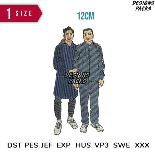 Embroidery design of two men in casual outfits, 12cm size, compatible with DST PES JEF formats for instant download.