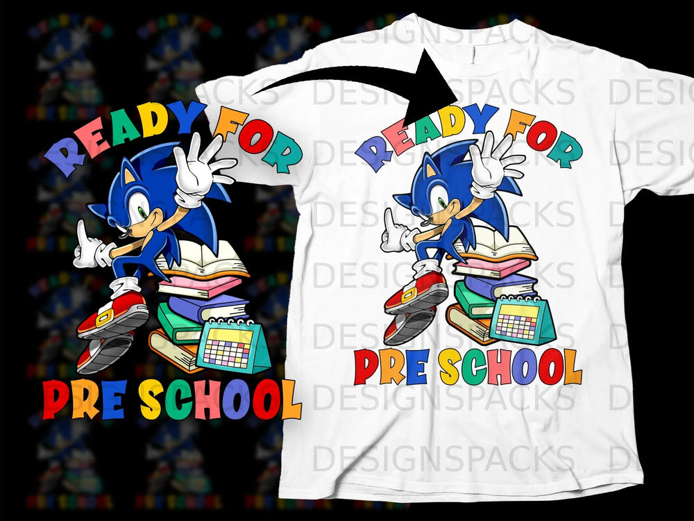 Sonic the Hedgehog sits on books, announcing "Ready for Preschool."