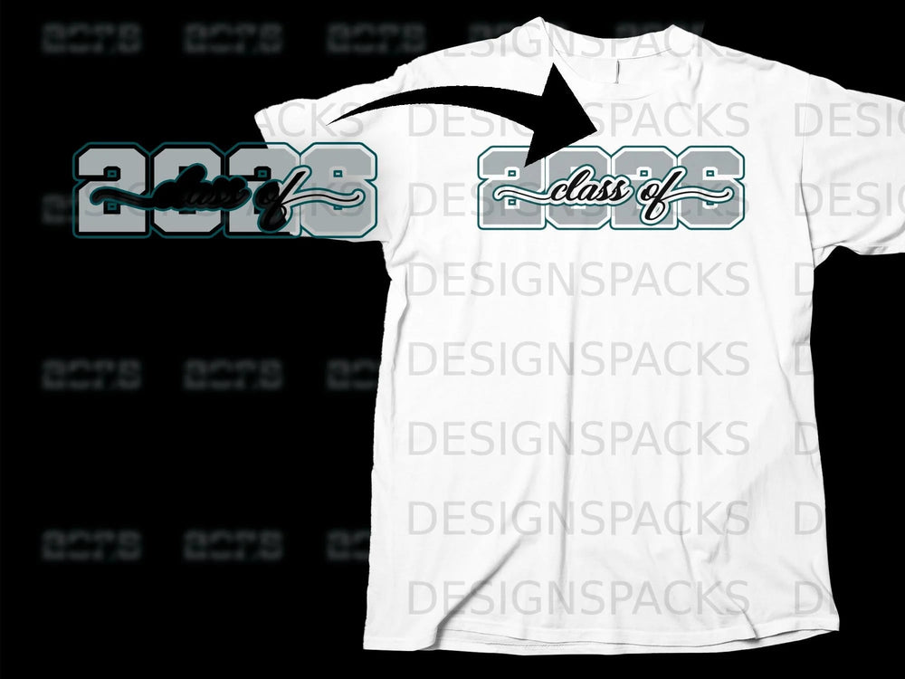 White t-shirt with "class of 2023" graphic in grey and teal.