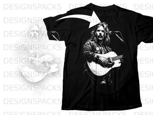 Black t-shirt with a white graphic of a man playing a guitar near a microphone.