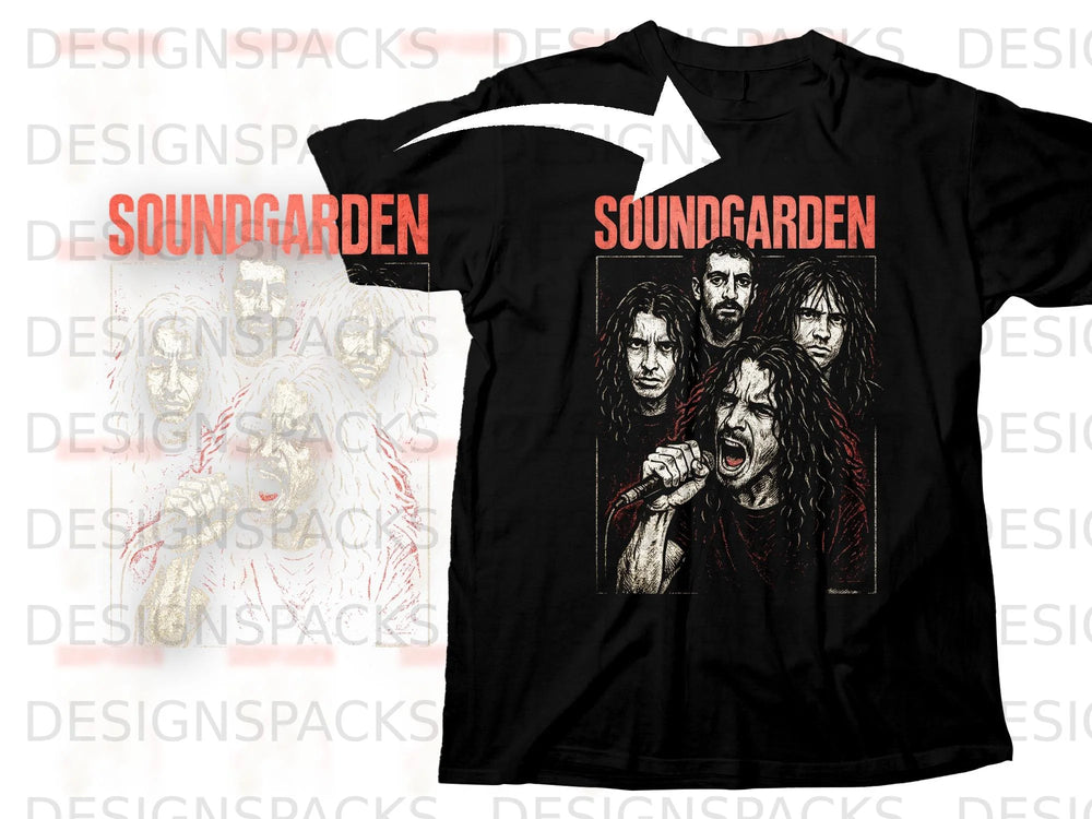 Black t-shirt with Soundgarden band graphic and red text.