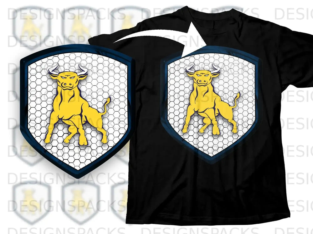 Bold Yellow Bull Emblem on Black Graphic T-shirt