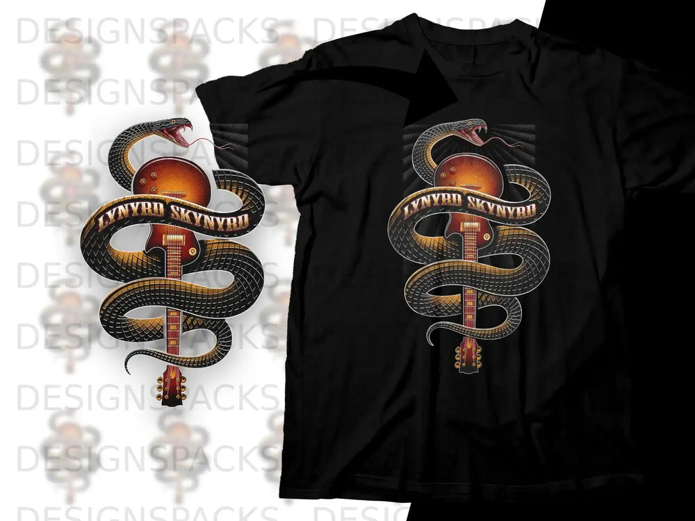 Black t-shirt with a coiled snake and guitar on the front.