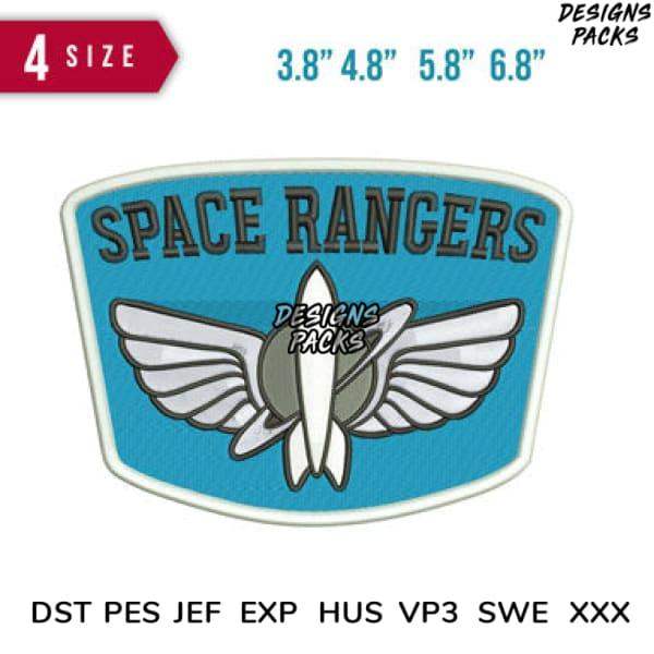 Space Rangers embroidery design with rocket and wings, available in multiple sizes and formats