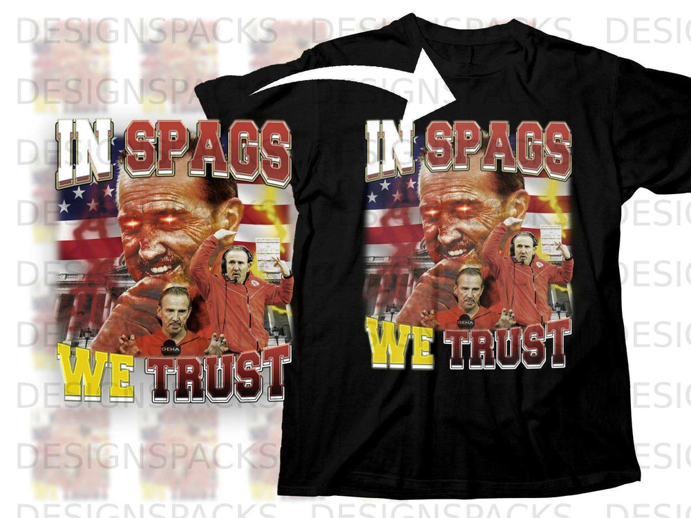 Black t-shirt with "IN SPAGS WE TRUST" and a graphic of a man.