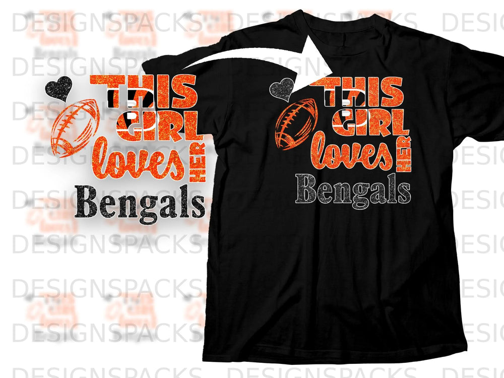 Black t-shirt with "This girl loves Bengals" text, football, and heart.